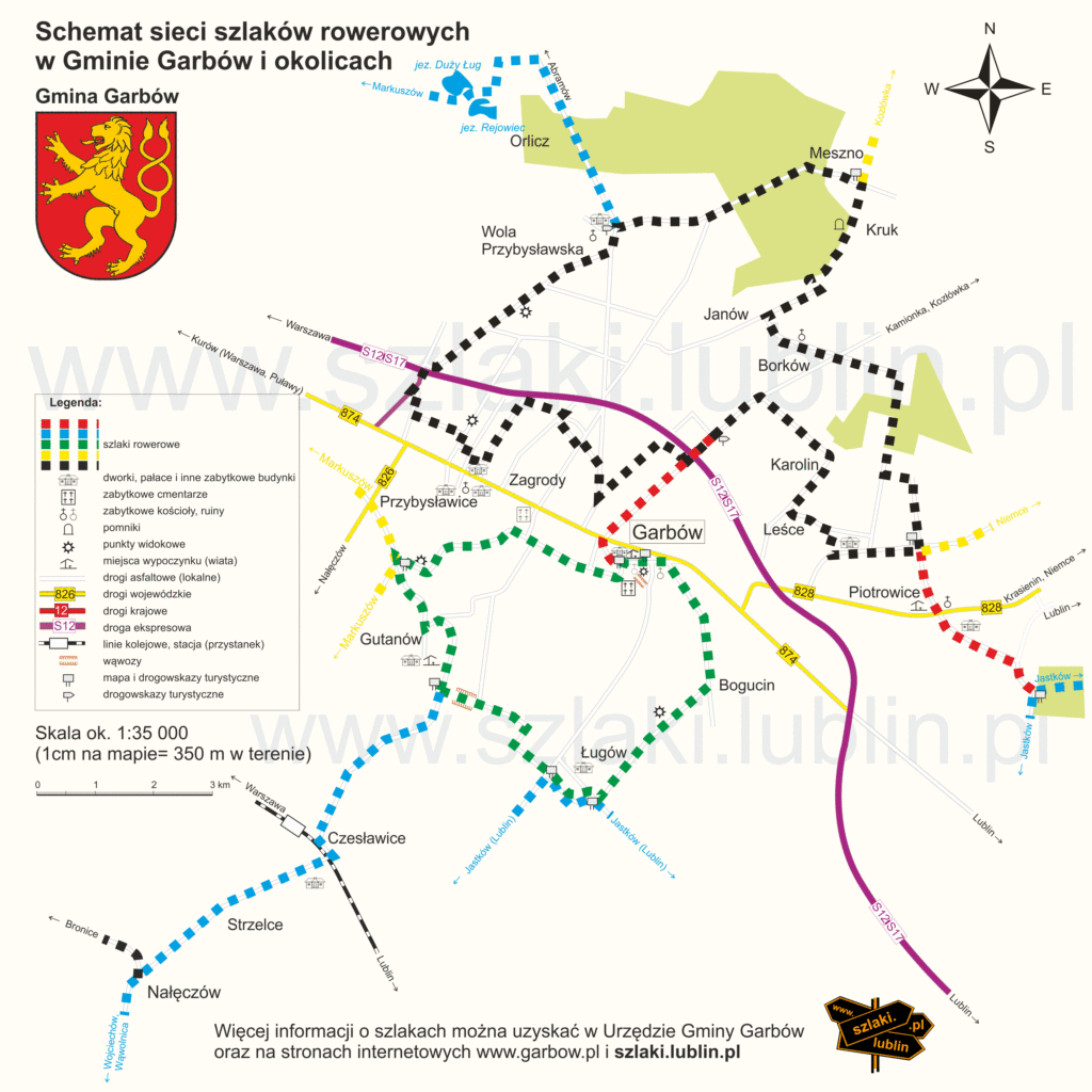 Schemat szlaków rowerowych w gminie Garbów. Nienaniesione drogi asfaltowe, lasy, trasy szlaków i zabytki. Dodany herb gminy (złoty lew na czerwonym tle), róża kierunków, legenda, skala.