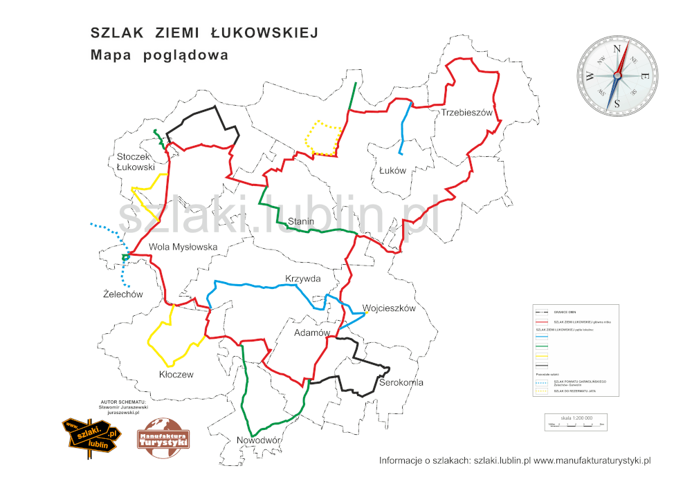 Mapa szlaków rowerowych Szlaku Ziemi Łukowskiej. Zaznaczone granice gmin i naniesione kolorami trasy wszystkich szlaków. Na dole legenda, na górze busola.