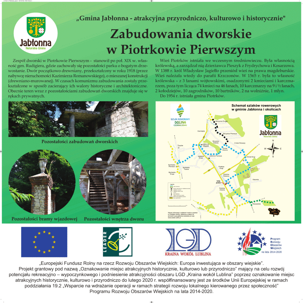 Informacja o ciekawostce w gminie Jabłonna. Na zielonym tle tekst, poniżej mapa z przebiegiem szlaków oraz zdjęcia kamiennej budowli i drewnianych schodów.