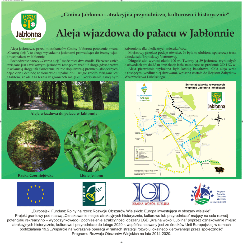 Informacja o ciekawostce w gminie Jabłonna. Na zielonym tle tekst, poniżej mapa z przebiegiem szlaków oraz zdjęcia alei obsadzonej drzewami, rzeczki i liści jesionu