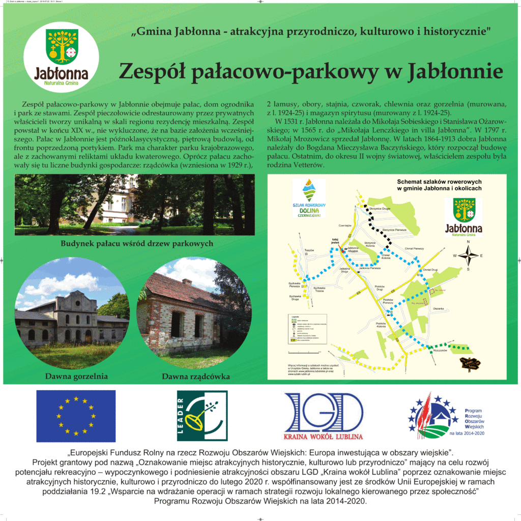 Informacja o ciekawostce w gminie Jabłonna. Na zielonym tle tekst, poniżej mapa z przebiegiem szlaków oraz zdjęcia budynku wśród drzew oraz murowanego i kamiennego budynku.