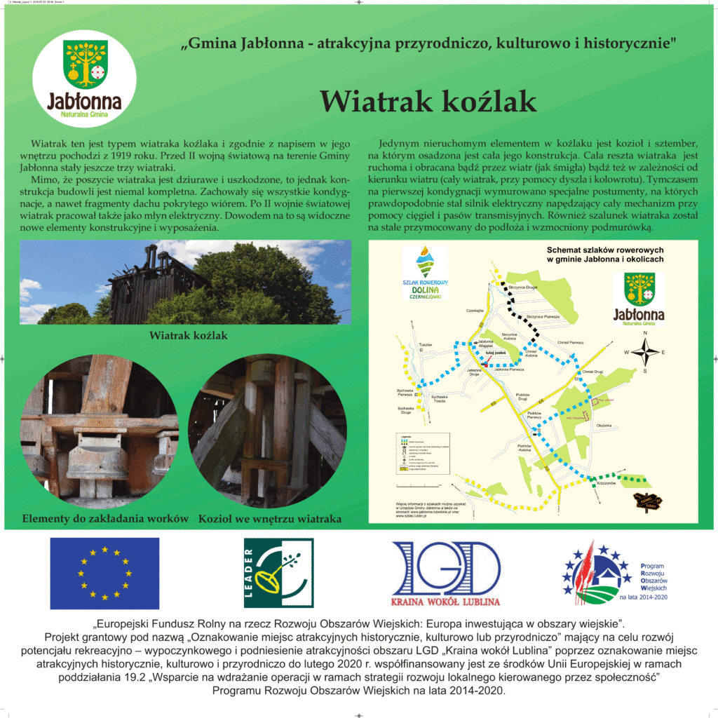 Informacja o ciekawostce w gminie Jabłonna. Na zielonym tle tekst, poniżej mapa z przebiegiem szlaków oraz zdjęcia rozpadającego się drewnianego wiatraka i elementów jego wyposażenia.