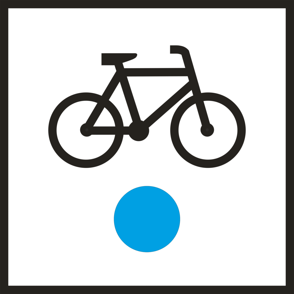 Znak szlaku rowerowego: biały kwadrat na górze czarny rower poniżej niebieska kropka