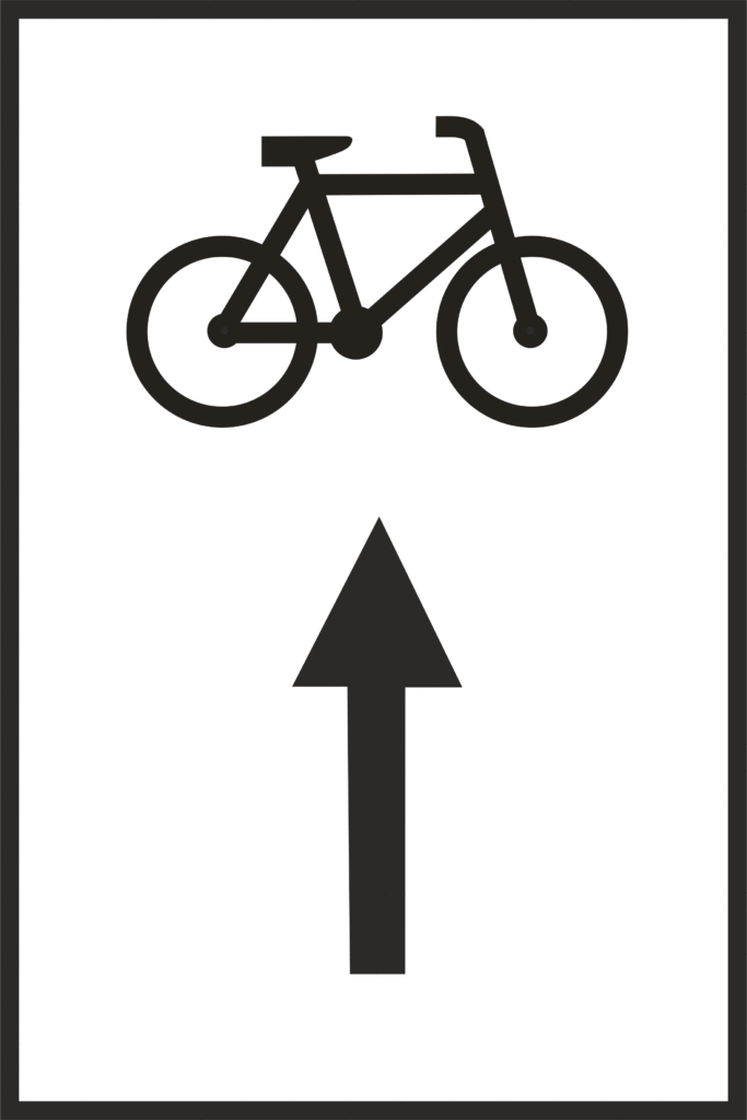 Znak szlaku rowerowego: biały kwadrat na górze czarny rower poniżej czarna strzałka do góry