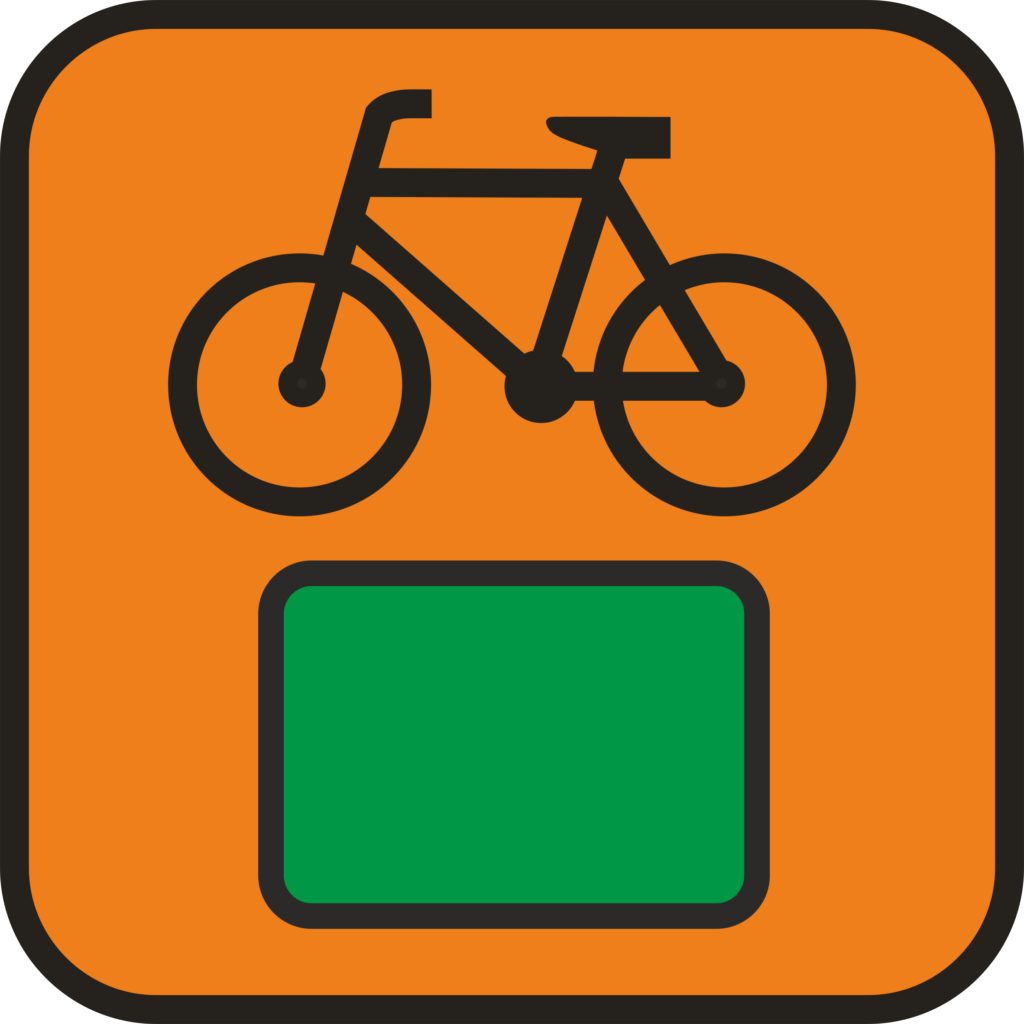Znak szlaku rowerowego: pomarańczowy kwadrat na górze czarny rower poniżej zielony prostokąt