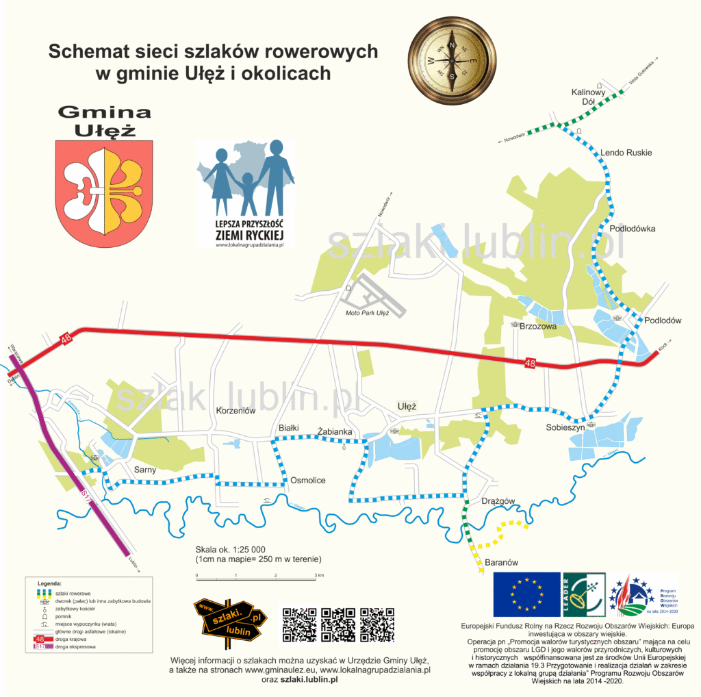 Schemat szlaków rowerowych w gminie Ułęż. Mapa z drogami asfaltowymi, lasami, rzekami, atrakcjami turystycznymi i przebiegiem szlaków rowerowych. Na samej górze kompas, poniżej herb gminy i LGD. Pod mapą legenda, skala QR kody