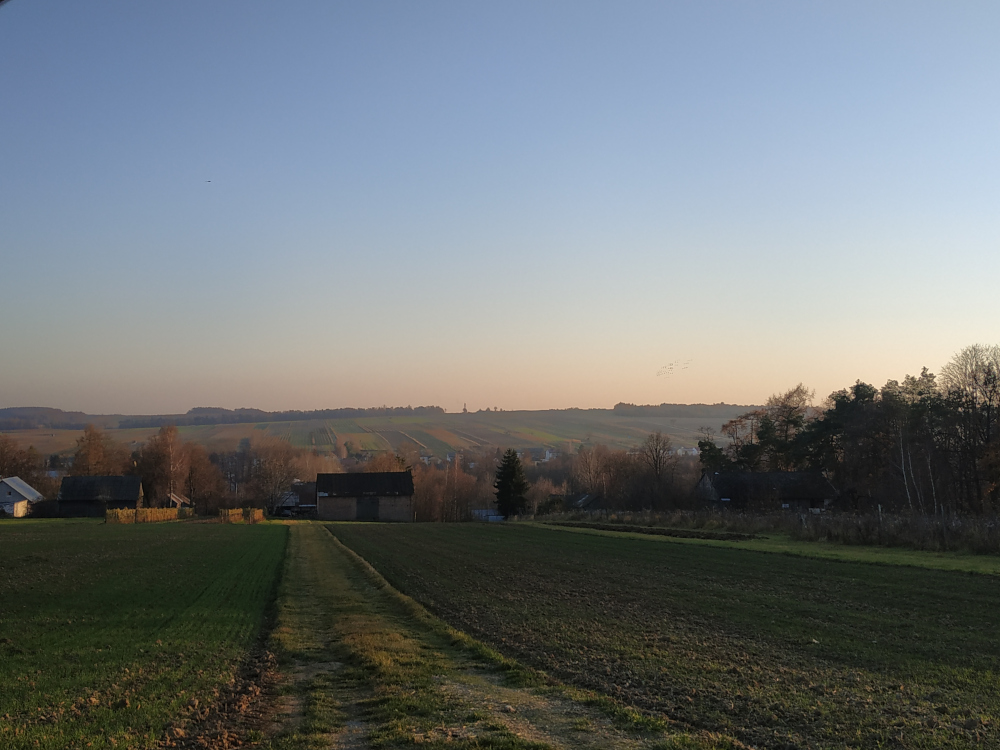 Panorama o zachodzie słońca. Łagodne wzgórza z niewysoką trawą. W oddali nieliczne zabudowania wiejskie