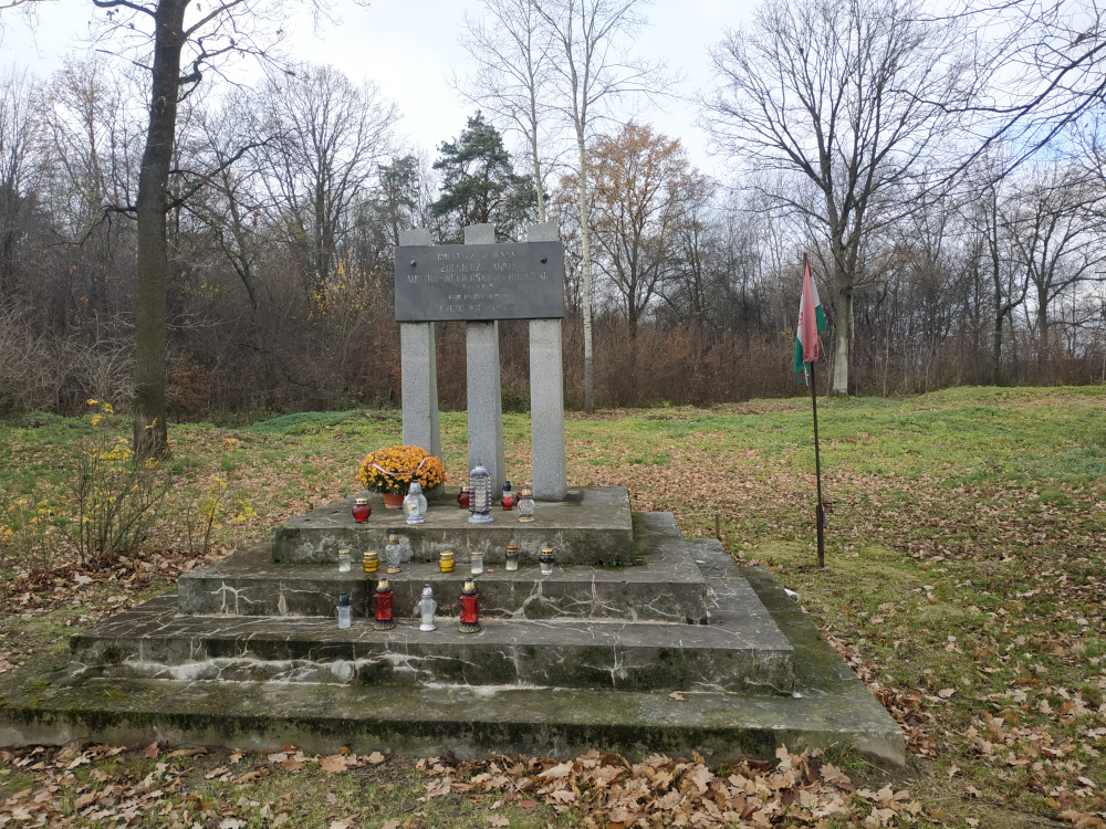 Trawnik z liśćmi, w centrum cztery kamienne schody i nieduży pomnik. Pomnik to trzy słupy i tablica z napisem. Obok zniszczona flaga.