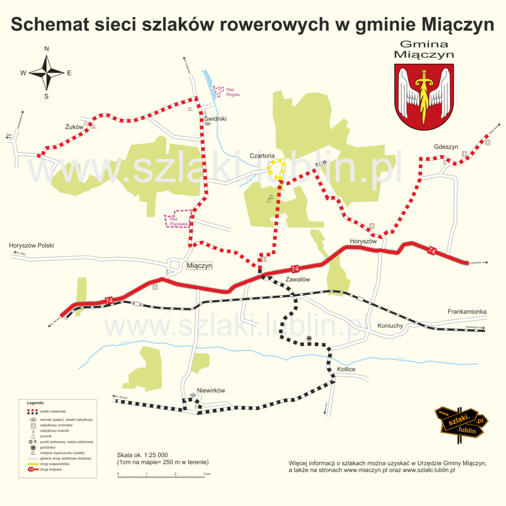schemat szlaków rowerowych w gminie Miączyn. Na górze nazwa mapy, poniżej z prawej herb gminy: na czerwonym tle złoty miecz i dwa białe skrzydła. Na środku mapa: czerwone i czarne kwadraciki z trasami szlaków, zaznaczone drogi, lasy, rzeki. Z lewej strony na dole legenda oraz skala.