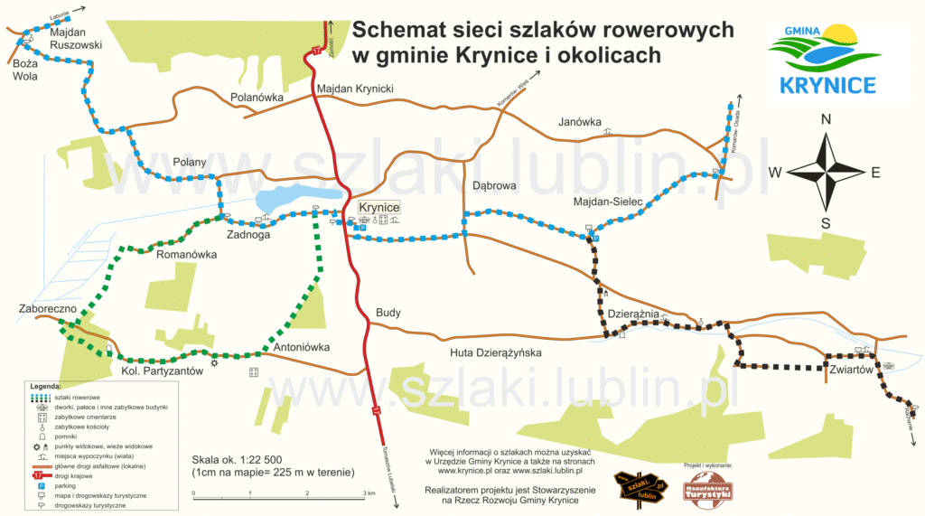 mapa tras szlaków rowerowych w gminie Krynice.
